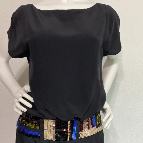 Trina Turk Black 100% Silk Dress Sequin Waist Size 6 - Picture 2 of 8